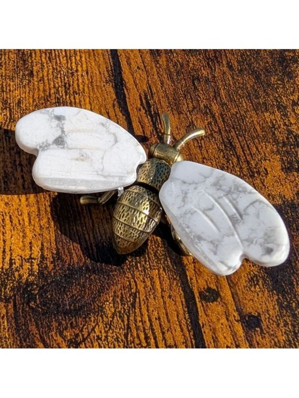 Howlite Bee with Brass Body, 2.25" White Crystal Wings